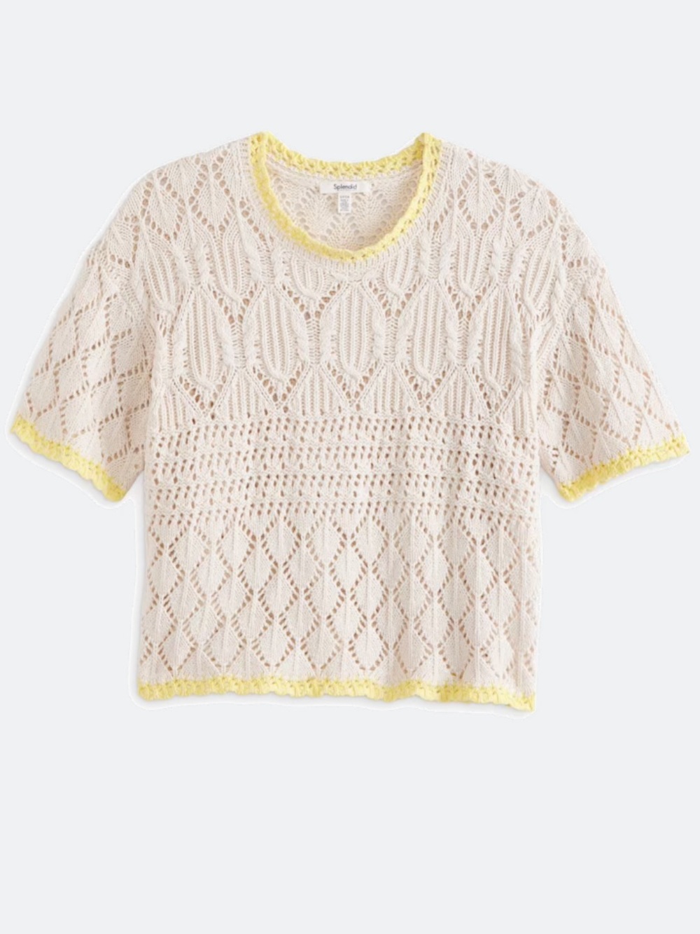 Splendid Keke Sweater in Cream l Crochet Knit Top with Yellow Trim